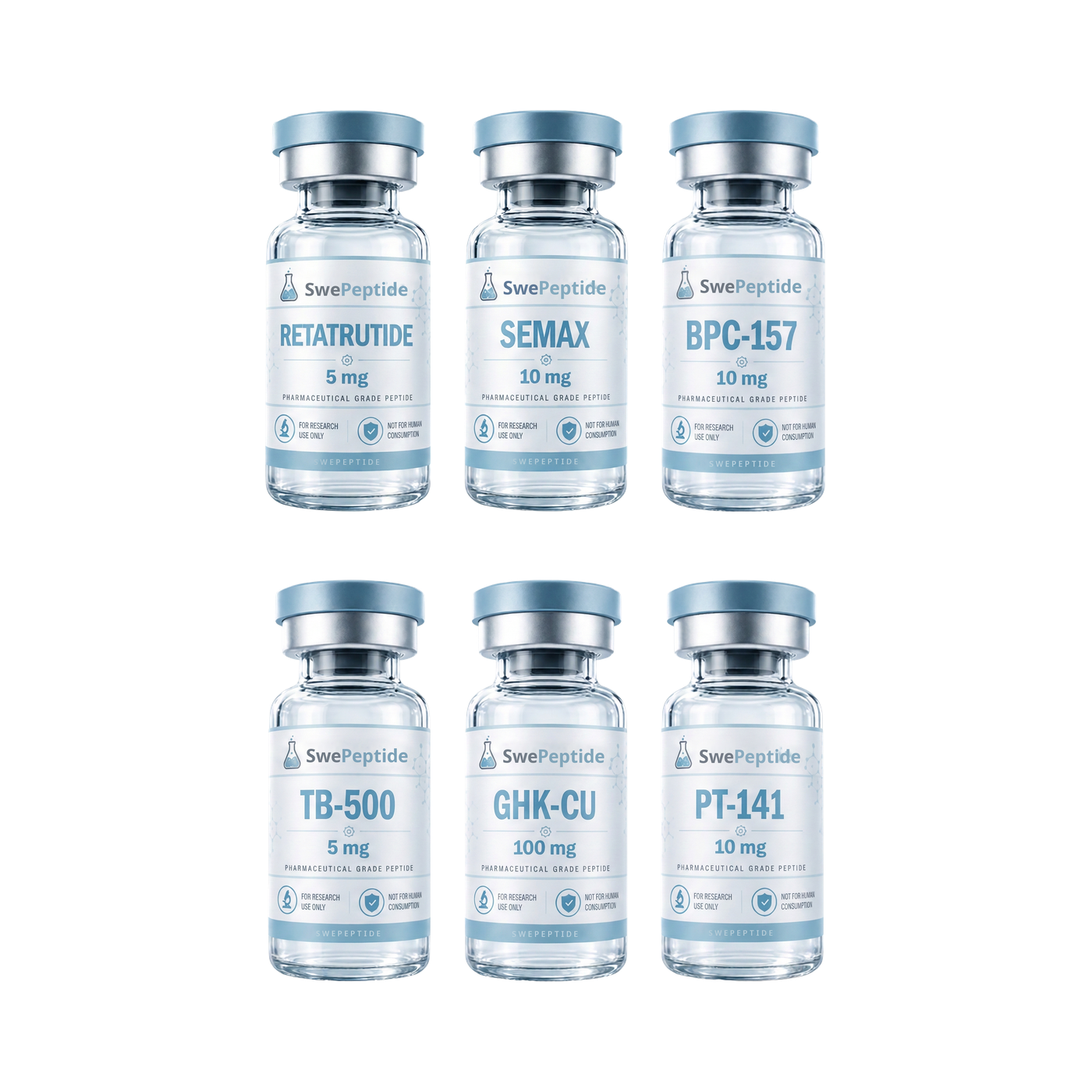 Complete Research Series — Retatrutide, Semax, BPC-157, TB-500, GHK-Cu, PT-141 research vials